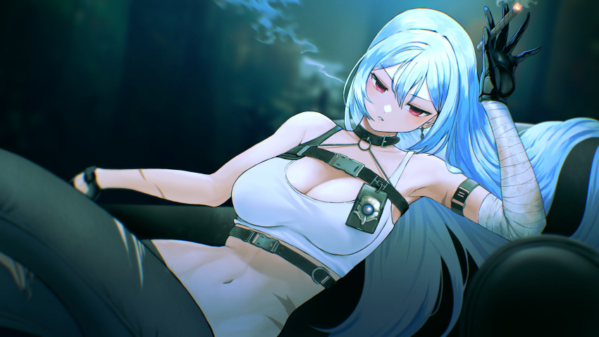 1girl absurdres arm_strap azur_lane bandaged_arm bandages between_fingers black_collar black_gloves black_pants bra breasts cigar cleavage collar commentary dark_background earrings eyebrows_visible_through_hair feet_out_of_frame glaring gloves hair_between_eyes highres holding holding_cigar jewelry kazane-wind large_breasts leaning_back long_hair looking_at_viewer navel o-ring official_alternate_costume pants parted_lips police_badge red_eyes scar silver_hair sitting sleeveless smoke smoking solo sovetskaya_rossiya_(azur_lane) sovetskaya_rossiya_(the_lackadaisical_lookout)_(azur_lane) sports_bra stomach straight_hair strap tsurime underwear v-shaped_eyebrows white_bra