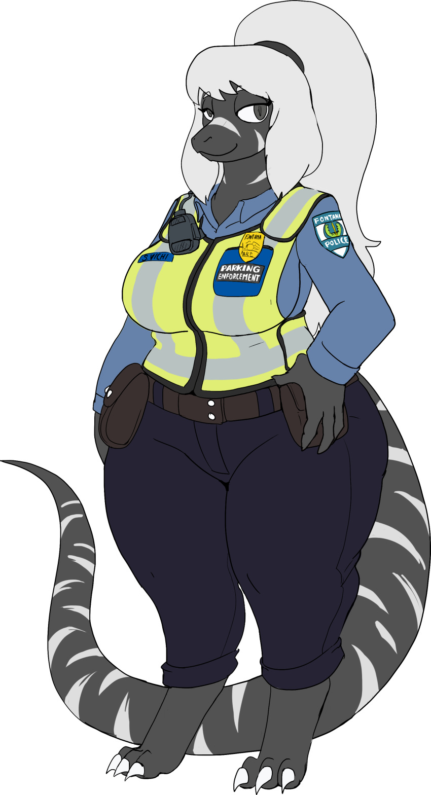 4_fingers absurd_res alpha_channel anthro barefoot big_breasts biped breasts clothed clothing dragon feet female fingers fully_clothed grey_body grey_eyes grey_scales hair half-closed_eyes hi_res looking_at_viewer narrowed_eyes police_uniform ponytail scales scalie shyranrya_vichi simple_background smile solo standing striped_body striped_scales stripes transparent_background uniform vdisco white_body white_hair white_scales wide_hips