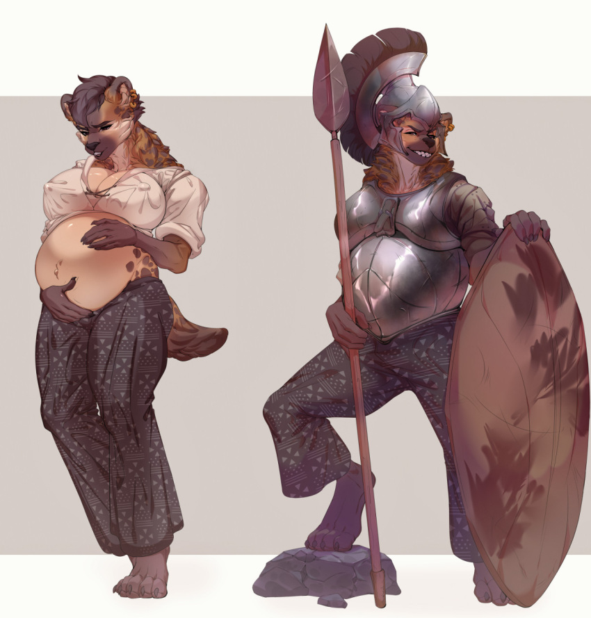 2022 aedila africa african anthro armor barefoot belly belly_rub belly_tuft big_belly big_breasts big_teeth bottomwear breasts cleavage clothed clothing digitigrade ear_piercing erect_nipples feet female happy headgear helmet hi_res holding_belly holding_object holding_spear holding_weapon hyaenid inner_ear_fluff looking_at_viewer looking_down mammal melee_weapon miloff muscular muscular_anthro muscular_female neck_tuft nipple_outline nipples pants piercing polearm pregnant pregnant_female sharp_teeth shield smile smiling_at_viewer smug smug_face smug_grin solo spear spotted_hyena teeth thick_thighs tuft weapon