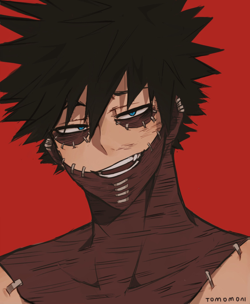 1boy artist_name black_hair blue_eyes boku_no_hero_academia burn_scar commentary dabi_(boku_no_hero_academia) ear_piercing highres looking_at_viewer male_focus multiple_scars open_mouth piercing portrait red_background scar short_hair smile solo spiked_hair stapled teeth tomomoni