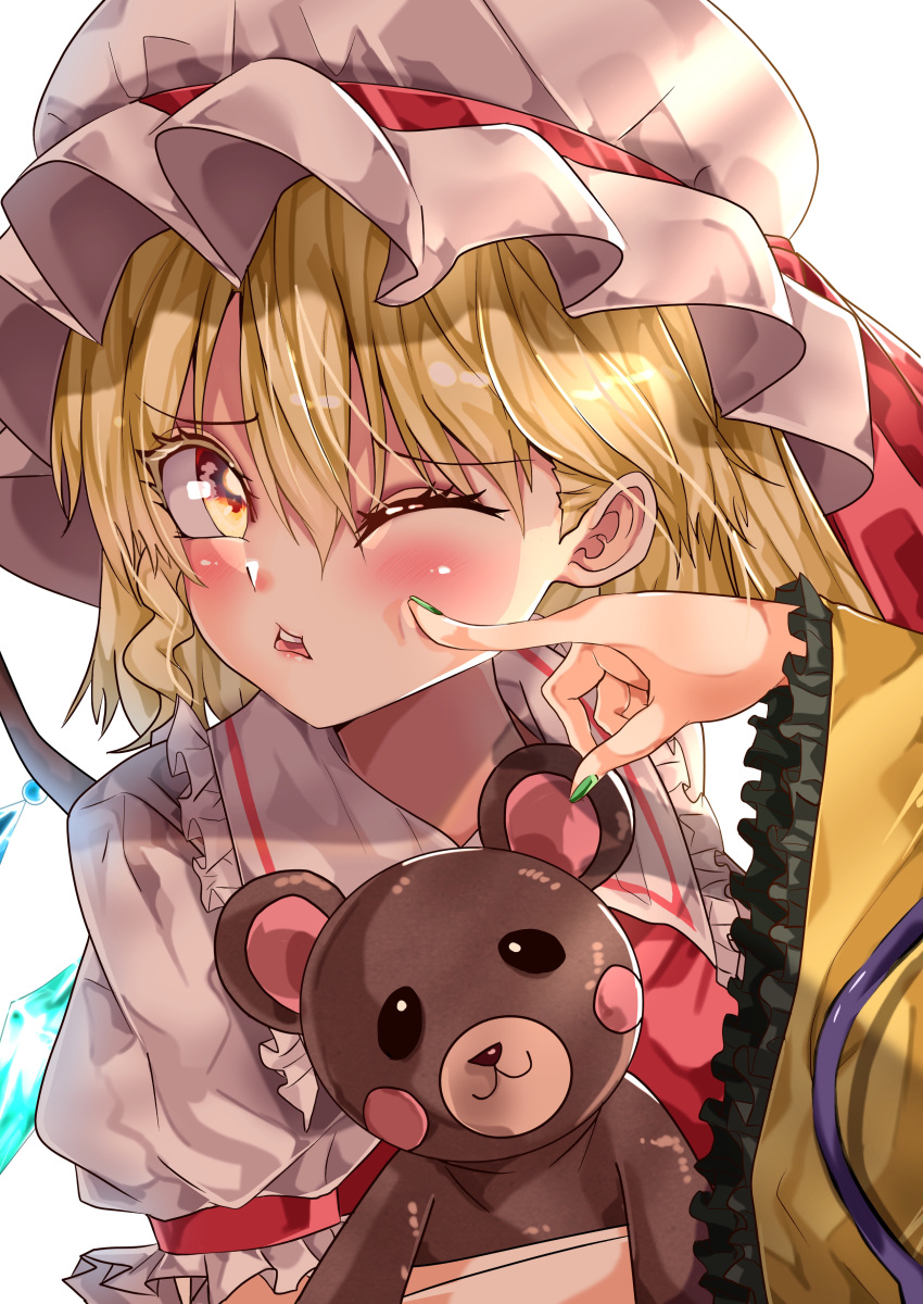 2girls absurdres blonde_hair blouse blush breasts cheek_poking collared_shirt commentary_request crystal flandre_scarlet frilled_shirt_collar frilled_sleeves frills green_nails hair_between_eyes hat hat_ribbon highres holding holding_stuffed_toy long_sleeves maboroshi_mochi medium_hair mob_cap multiple_girls nail_polish open_mouth orange_eyes poking puffy_short_sleeves puffy_sleeves red_ribbon red_vest ribbon shirt short_sleeves small_breasts stuffed_animal stuffed_toy teddy_bear teeth touhou upper_body upper_teeth vest white_background white_headwear white_shirt wide_sleeves wings yellow_blouse