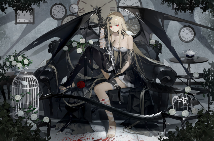 1girl analog_clock bandaged_arm bandaged_leg bandages bangs barefoot birdcage blonde_hair blood blood_on_bandages breasts cage clock couch detached_sleeves flower gloves hand_on_own_head highres holding holding_sword holding_weapon leg_up long_hair original plant red_eyes red_nails rose shui_ran_moon single_thighhigh solo sword table tail teapot thighhighs toenails weapon white_flower white_rose wings