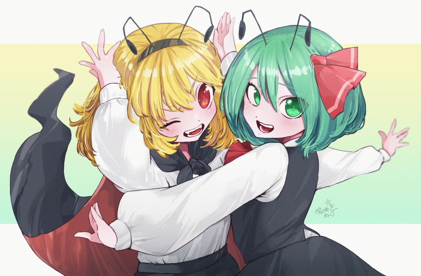 2girls :d ;) antennae artist_name ascot black_cape black_skirt black_vest blonde_hair blush cape commentary_request cosplay costume_switch fake_antennae fangs from_behind gradient gradient_background green_eyes green_hair hair_between_eyes hair_ribbon hairband highres long_sleeves looking_at_viewer looking_back multiple_girls nukojinuko one_eye_closed open_mouth over_shoulder red_ascot red_eyes red_ribbon ribbon round_teeth rumia rumia_(cosplay) shirt short_hair signature skirt sleeve_cuffs smile t-pose teeth touhou tsurime upper_body v-shaped_eyebrows vest white_shirt wriggle_nightbug wriggle_nightbug_(cosplay)