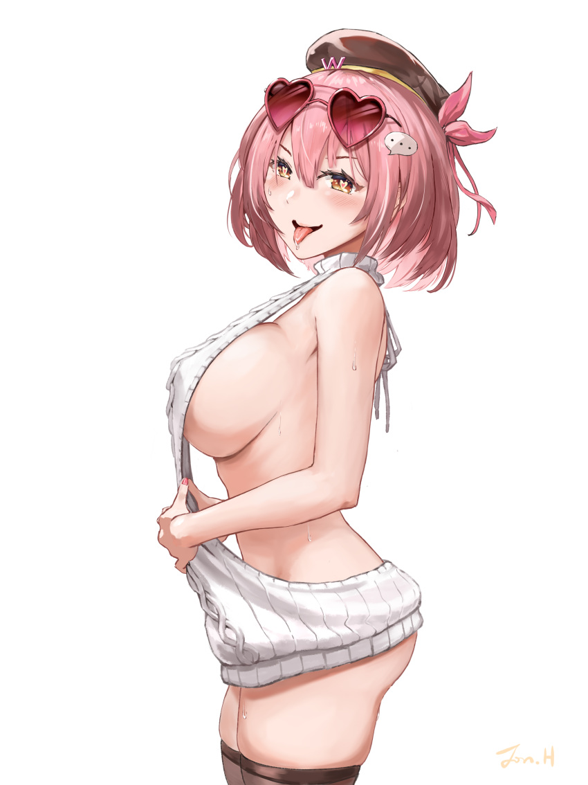 1girl absurdres backless_outfit backwards_virgin_killer_sweater beret black_legwear breasts brown_eyes brown_headwear cowboy_shot from_side girls'_frontline_neural_cloud hat heart heart-shaped_pupils highres jonathan_h large_breasts meme_attire naked_sweater pink_hair short_hair sideboob smile solo standing sweat sweater symbol-shaped_pupils thighhighs tongue tongue_out turtleneck turtleneck_sweater virgin_killer_sweater willow_(girls'_frontline_nc)