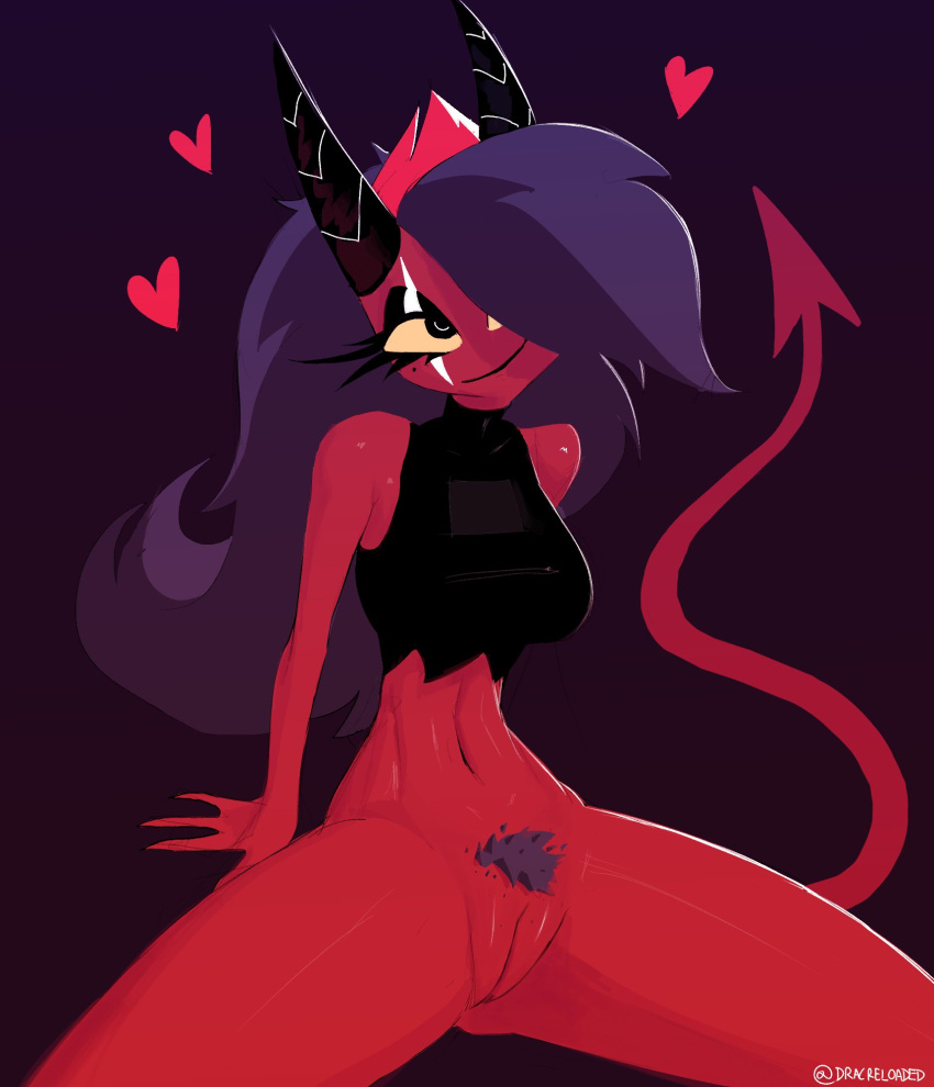black_hair breasts clothed clothing demon dracreloaded female genitals hair helluva_boss hi_res horn humanoid imp partially_clothed pubes pussy red_body sallie_may_(helluva_boss) scar simple_background smile solo