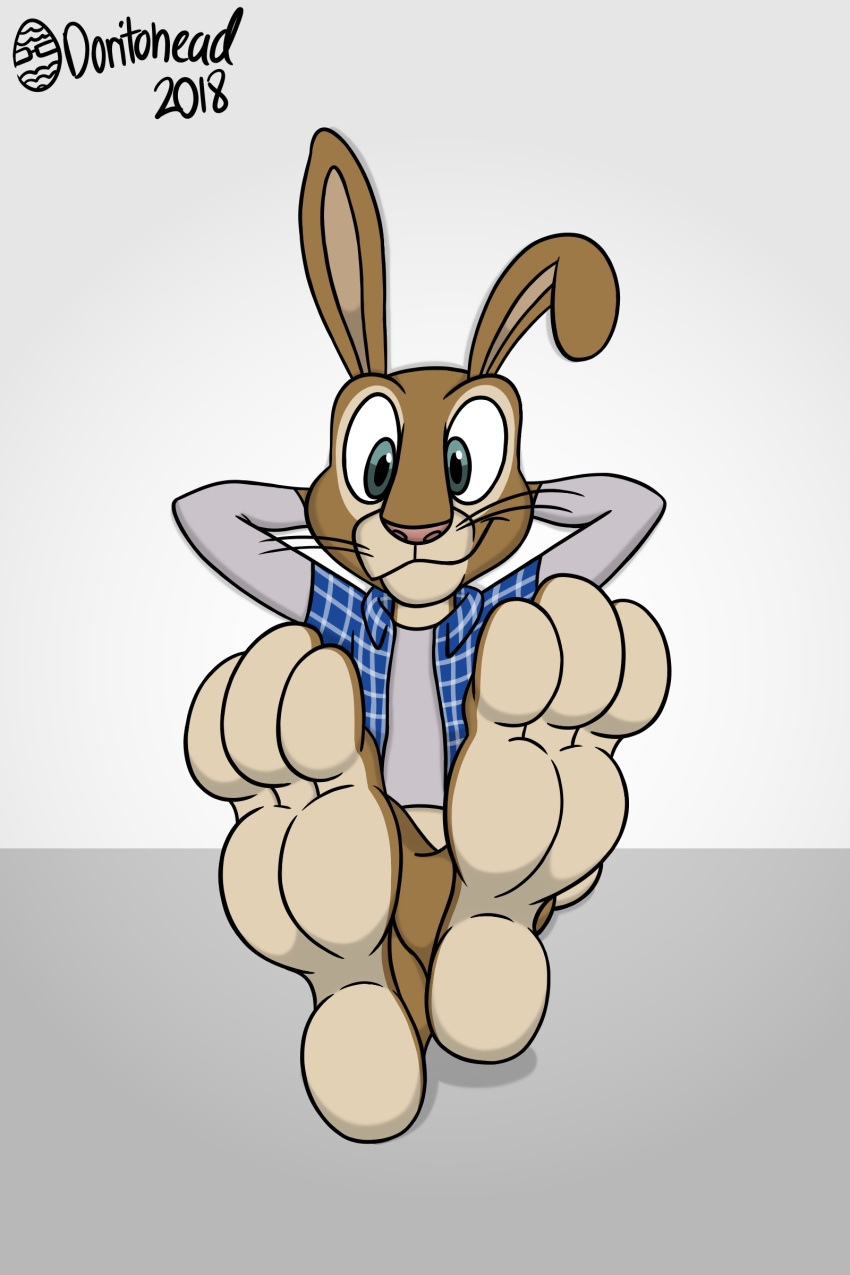 2018 absurd_res anthro artist_name barefoot brown_body brown_fur digital_media_(artwork) doritohead e.b. easter easter_bunny feet foot_focus fur grey_eyes hands_behind_head hi_res holidays hop_(movie) illumination_entertainment lagomorph leporid long_ears looking_at_viewer male mammal multicolored_body multicolored_fur rabbit signature simple_background sitting smile solo tan_body tan_fur toes two_tone_body two_tone_fur whiskers white_background