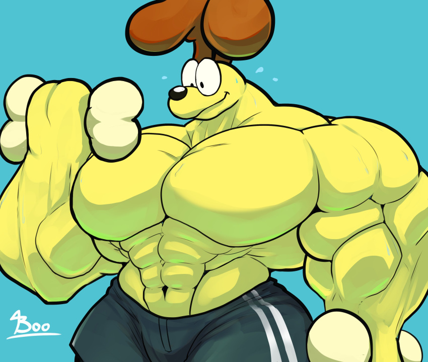 2022 abs absurd_res anthro biceps big_muscles big_pecs black_clothing bone brown_body brown_fur canid canine canis clothed clothing colored digital_drawing_(artwork) digital_media_(artwork) domestic_dog exercise fur garfield_(series) hi_res holding_object lifting_weight looking_at_object male mammal muscular muscular_anthro muscular_male odie_the_dog pecs shaded shirt solo topless topwear unusualboo54 yellow_body yellow_fur