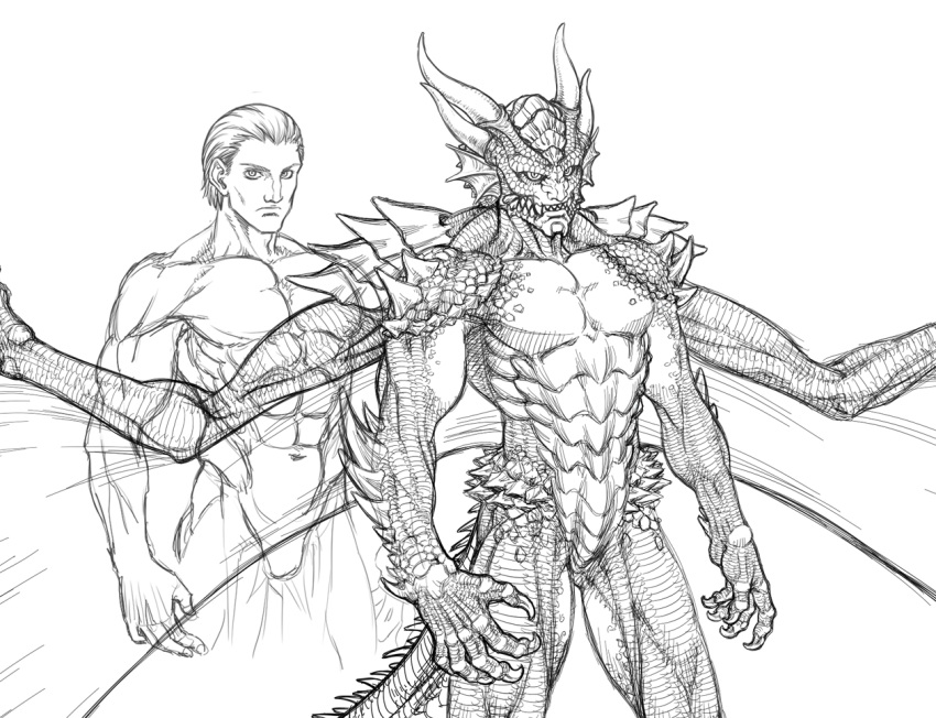 2012 5_fingers after_transformation anthro arm_spikes athletic belly_scales big_tail big_wings cidius claws dragon fingers horn human male mammal monochrome nude pecs scales scalie shoulder_spikes simple_background solo spikes spikes_(anatomy) transformation transformation_sequence western_dragon white_background wing_claws wings