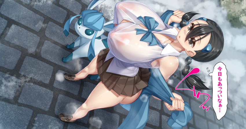 absurd_res big_breasts big_butt black_hair blue_eyes bodily_fluids bottomwear breasts butt candice_(pok&eacute;mon) clothed_female clothing duo eeveelution female female_focus footwear glaceon grey_eyes gym_leader hair hi_res huge_breasts human japanese_text kawahagimizuki long_hair mammal nintendo pigtails pok&eacute;mon pok&eacute;mon_(species) shoes skirt standing steam sweat text thick_thighs thought_bubble tight_clothing video_games wide_hips