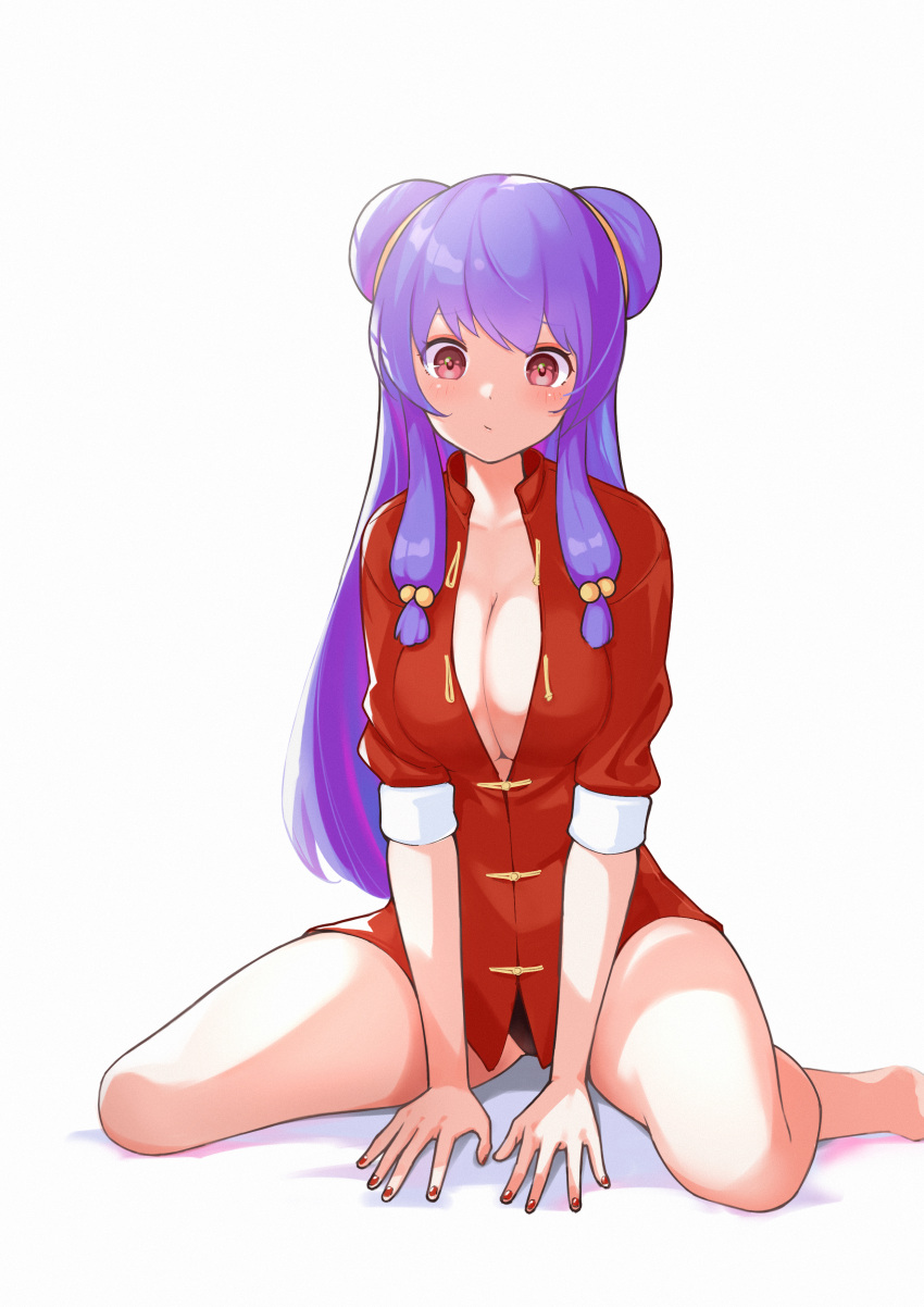1girl absurdres bangs blush borrowed_garments breasts cleavage collarbone commentary_request double_bun full_body hair_bobbles hair_ornament highres itou_kazuki long_hair looking_at_viewer medium_breasts nail_polish panties purple_eyes purple_hair ranma_1/2 red_shirt shampoo_(ranma_1/2) shiny shiny_hair shirt sidelocks simple_background sitting sleeves_rolled_up takahashi_rumiko_(style) thighs underwear wariza white_background