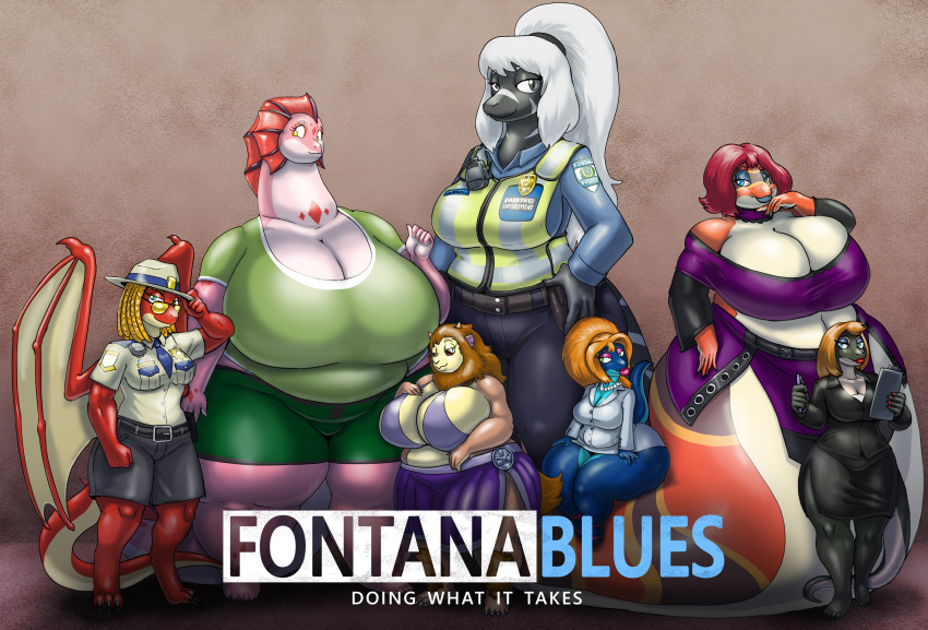 4_fingers anthro apode badge barefoot bead_necklace big_breasts big_butt biped blue_body blue_eyes blue_lips blue_scales boa_(snake) bottomwear bra braided_hair breasts brown_body brown_fur brown_hair brown_mane brown_scales butt cinnahomi_buraguu cleavage clipboard clothed clothing collar colored_nails cross_pupils curvy_figure dahlia_i._vasquez_robinson desiree_balamen draconcopode dragon ear_piercing eyeshadow eyewear feet female fingers fully_clothed fur glasses green_body green_eyes green_scales grey_body grey_eyes grey_scales group hair half-closed_eyes hand_on_breast hat headgear headwear hi_res holding_clipboard holding_object holding_pen horn huge_breasts huge_butt hybrid lareien_dyana larger_female legless lips lipstick looking_at_viewer makeup mane medium_breasts membrane_(anatomy) membranous_wings monster naga nails narrowed_eyes necktie non-mammal_breasts obese obese_anthro obese_female orange_body orange_hair orange_scales overweight overweight_anthro overweight_female pen phrin_harnyne piercing pink_body pink_eyeshadow pink_lips pink_scales police_uniform ponytail red_body red_hair red_lips red_lipstick red_nails red_scales red_sclera reptile rizanphine_zaraphan scales scalie serpentine short_hair short_stack shorts shyranrya_vichi sitting_on_person sitting_on_tail size_difference skimpy skirt smaller_female smile snake standing striped_body striped_scales stripes tan_body tan_fur thick_thighs underwear uniform vdisco voluptuous white_body white_eyes white_hair white_scales wide_hips wings yellow_body yellow_eyes yellow_scales