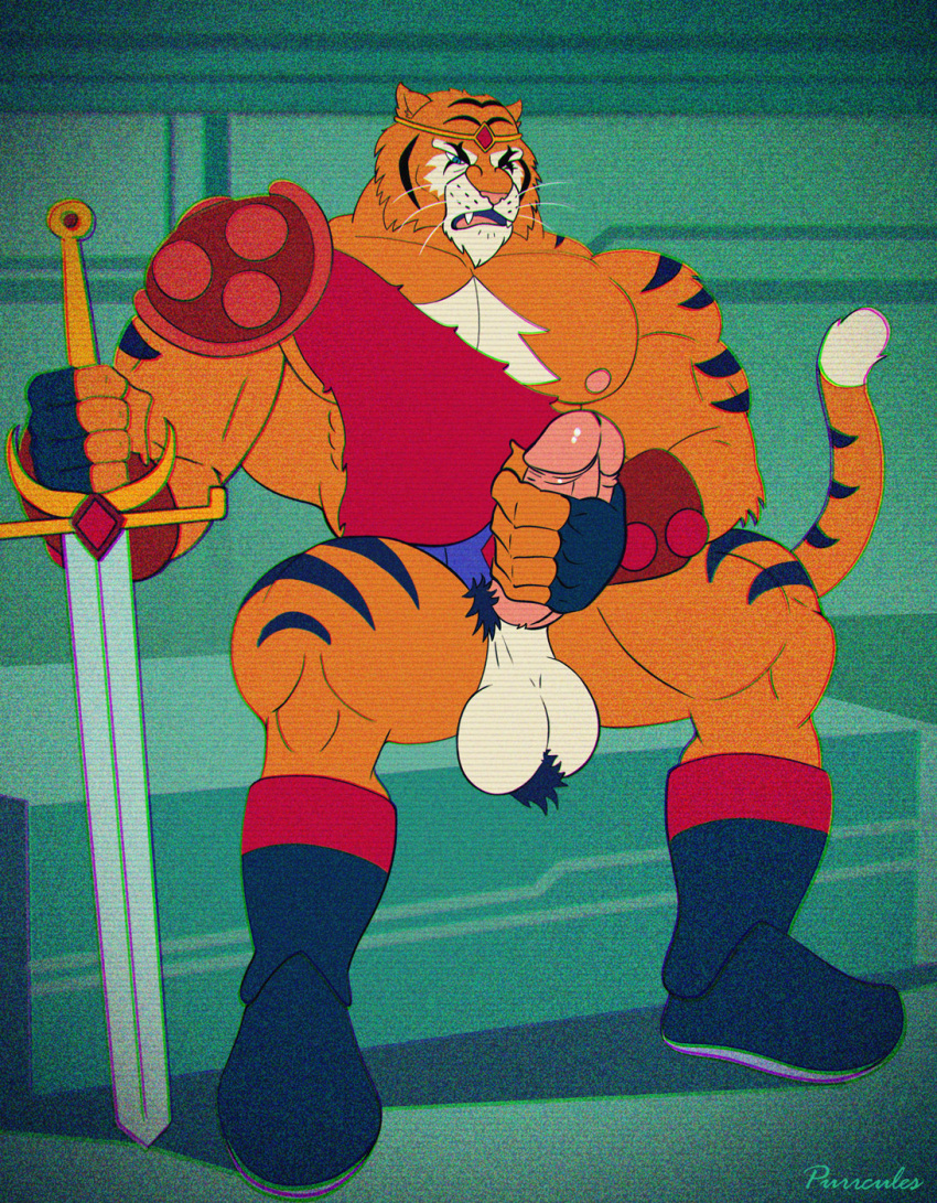 2022 anthro armor ball_tuft balls biceps big_balls big_muscles big_penis biped boots clothed clothing digital_media_(artwork) erection fangs felid footwear fur genitals hi_res holding_object holding_sword holding_weapon humanoid_genitalia humanoid_penis mainlion male mammal masturbation melee_weapon muscular muscular_thighs netflix on_model open_mouth orange_body orange_fur pantherine pecs penile penile_masturbation penis pubes quads saggy_balls saturday_morning_all_star_hits! sitting solo striped_body striped_fur stripes sword tan_body tan_fur teeth thick_thighs tiger tigor_(character) tongue tuft unconvincing_armor weapon whiskers