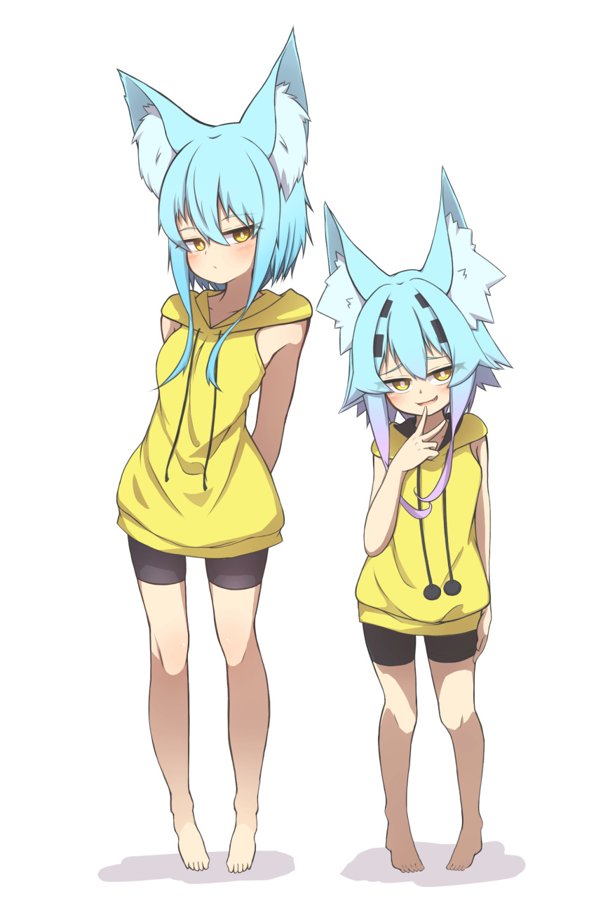 2girls absurdres animal_ear_fluff animal_ears bad_id bad_pixiv_id bare_arms barefoot bike_shorts black_shorts blue_hair brown_eyes closed_mouth commentary_request drawstring finger_to_mouth gradient_hair hair_between_eyes hair_ornament hairclip highres hood hood_down hoodie idaten93 long_hair looking_at_viewer multicolored_hair multiple_girls original pink_hair shadow short_shorts shorts siblings sidelocks sisters sleeveless sleeveless_hoodie smirk terufu-chan teruteru-chan white_background yellow_hoodie