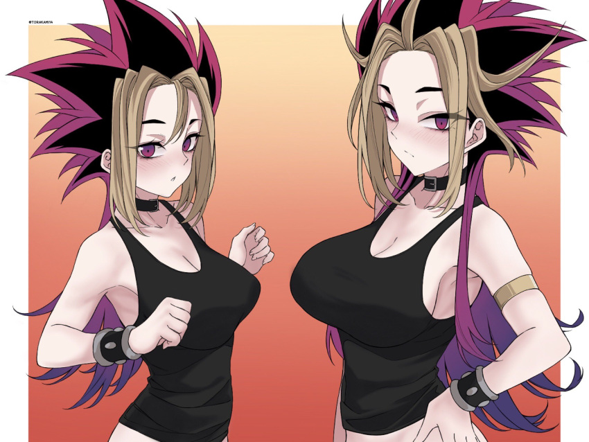 2girls armlet bare_shoulders belt belt_collar black_hair black_shirt blonde_hair blush bracelet breasts cleavage closed_mouth collar dual_persona genderswap genderswap_(mtf) hand_on_hip highres jewelry large_breasts long_hair looking_at_viewer multicolored_hair multiple_girls mutou_yuugi parted_lips purple_eyes purple_hair shirt sleeveless sleeveless_shirt spiked_hair torakami14 upper_body yami_yuugi yu-gi-oh! yu-gi-oh!_duel_monsters