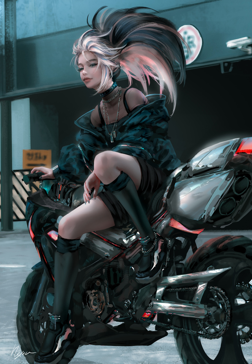 1girl absurdres akali anklet black_hair black_jacket black_legwear blonde_hair commentary english_commentary ground_vehicle highres jacket jewelry k/da_(league_of_legends) k/da_all_out_akali kneehighs league_of_legends long_hair looking_at_viewer motor_vehicle motorcycle multicolored_hair necklace nixeu on_motorcycle ponytail shoes shorts sitting smile sneakers solo