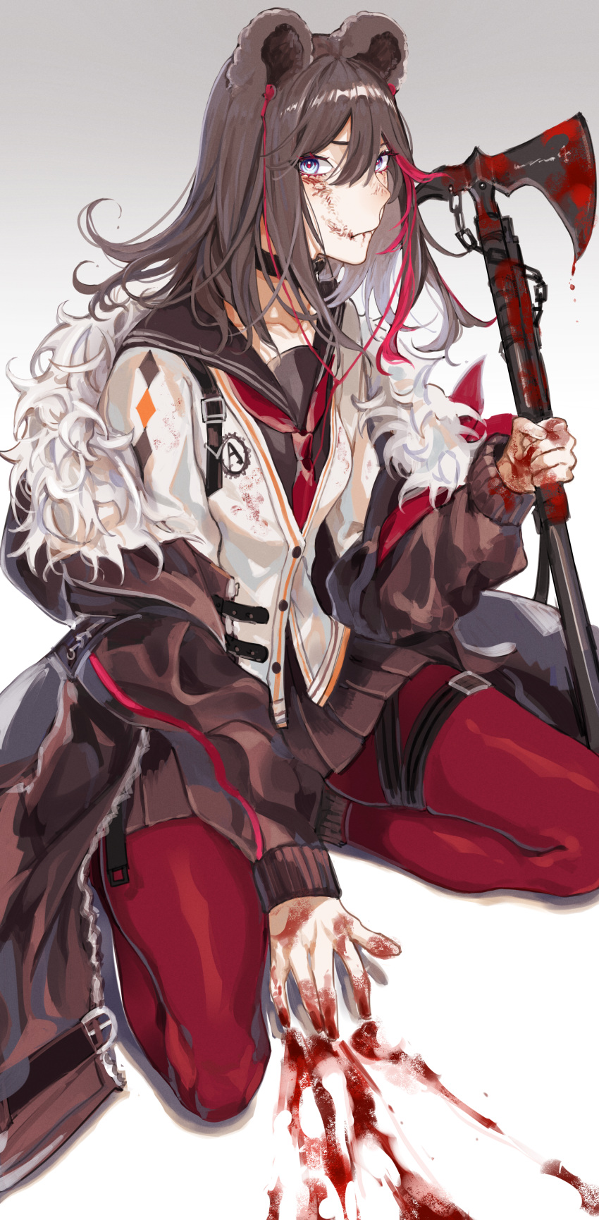 1girl absurdres animal_ears arknights axe bear_ears black_choker blood blood_on_clothes blood_on_face blood_on_hands blood_on_weapon blood_splatter blue_eyes brown_hair brown_jacket brown_skirt cardigan chain choker curly_hair earbuds earphones full_body fur-trimmed_jacket fur_trim gradient gradient_background grey_background hair_between_eyes highres holding holding_axe holding_weapon jacket leather_strap looking_at_viewer multicolored_hair neckerchief necktie on_floor pantyhose pleated_skirt red_hair red_legwear red_neckerchief red_necktie red_pupils sailor_collar school_uniform serafuku sitting skirt solo streaked_hair two-tone_hair wariza weapon white_background zang_shih zima_(arknights)