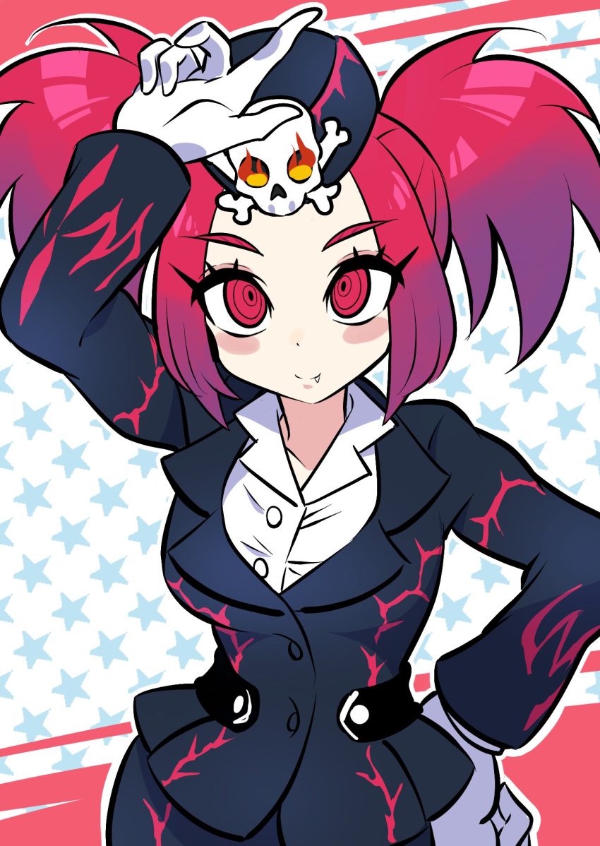 1girl blush_stickers duel_monster fang fire gloves hand_up hat hat_ornament highres looking_at_viewer pointing pointing_up red_eyes red_hair skull skull_and_crossbones skull_hat_ornament solo starry_background tour_guide_from_the_underworld wadatsumi_(sense11531153) white_gloves yu-gi-oh!