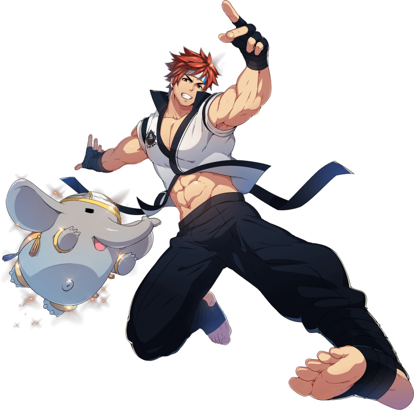 1boy abs armband armpits bandaged_arm bandaged_leg bandages bara belt biceps brown_eyes closed_eyes elefant frown full_service_(mazjojo) ground_vehicle gyee headband highres jacket kicking kovit_chaiyarit legband looking_at_viewer male_focus male_swimwear male_underwear mazjojo military military_vehicle motor_vehicle muscular muscular_male official_art pants pectoral_cleavage pectorals red_hair smile spiked_hair swim_briefs tank teeth thick_arms thick_eyebrows tongue tongue_out transparent_background underwear