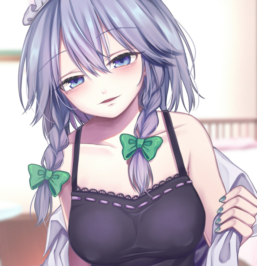 1girl bangs black_nightgown blue_eyes blush breasts camisole collarbone collared_shirt eyebrows_visible_through_hair eyelashes grey_hair grey_nails highres izayoi_sakuya lingerie maid_headdress medium_breasts medium_hair nail_polish naughty_face nightgown open_mouth rnkgmn shirt sleepwear touhou underwear undressing white_shirt