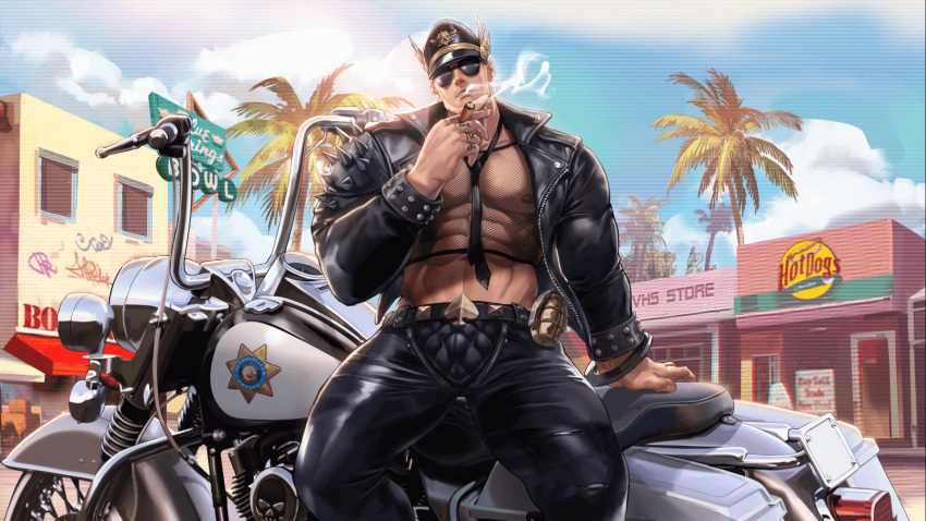 1boy abs artist_request bara bare_pectorals beard blonde_hair cigarette city cloud cloudy_sky crop_top cuffs day explosive facial_hair fishnets glasses grenade ground_vehicle gyee handcuffs hat highres jacket large_pectorals leather leather_belt leather_jacket leather_pants looking_at_viewer male_focus manly mature_male motor_vehicle motorcycle muscular muscular_male navel necktie nipples official_art open_clothes open_jacket outdoors palm_tree pants pectorals police_hat santos_(gyee) shop sign sitting sky smoke smoking solo spiked_jacket spread_legs sunglasses thick_arms thick_thighs thighs tight tree unzipped