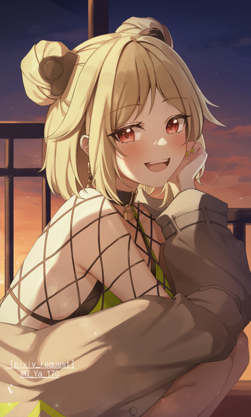 1girl :d absurdres bangs blonde_hair brown_jacket commentary_request double_bun eyebrows_visible_through_hair fishnets girls'_frontline gya_(144) highres jacket lock long_sleeves looking_at_viewer p90_(girls'_frontline) padlock padlocked_collar parted_bangs red_eyes short_hair smile solo squatting teeth upper_teeth