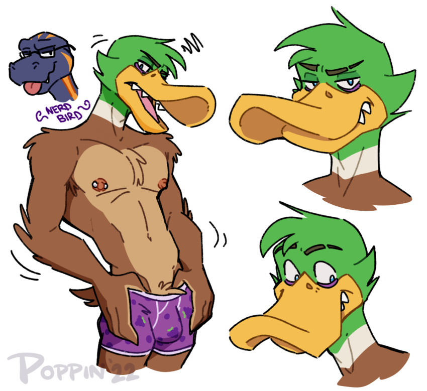 anatid anseriform anthro avian bird bulge clothed clothing duck elkin_(brogulls) lizard male nipple_piercing nipples piercing poppin raeford_(brogulls) reptile scalie simple_background skink underwear underwear_only white_background