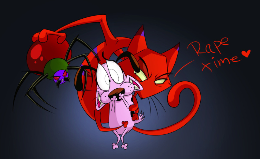 &lt;3 anthro arachnid arthropod black_background black_eyebrows black_eyes brown_ears brown_nose canid canine canis cartoon_network clenched_teeth courage_the_cowardly_dog courage_the_cowardly_dog_(character) domestic_cat domestic_dog duo english_text eyebrows felid feline felis freckles fur half-closed_eyes holding_another holding_partner holding_person imminent_rape interspecies katz_(courage_the_cowardly_dog) looking_at_another male male/male mammal markings narrowed_eyes nervous pink_body pink_fur pupils purple_ears purple_nose purple_stripes questionable_consent red_body red_fur scared simple_background size_difference slit_pupils spider standing striped_body striped_fur striped_markings stripes teeth text unknown_artist whiskers worried worried_face worried_look yellow_sclera