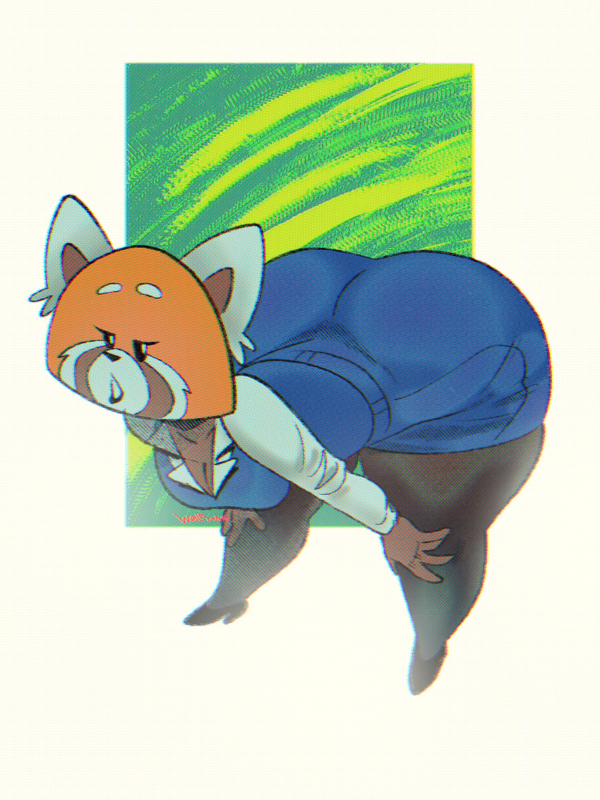 5_fingers aggressive_retsuko ailurid anthro bent_over big_butt bottomwear breasts brown_body brown_fur butt cleavage clothed clothing eyebrows female fingers fur half-closed_eyes hands_on_knees hi_res high_heels huge_butt legwear looking_at_viewer mammal multicolored_body multicolored_fur narrowed_eyes orange_body orange_fur pantyhose red_panda retsuko sanrio signature skirt solo standing thick_thighs uniform white_body white_fur wolftang
