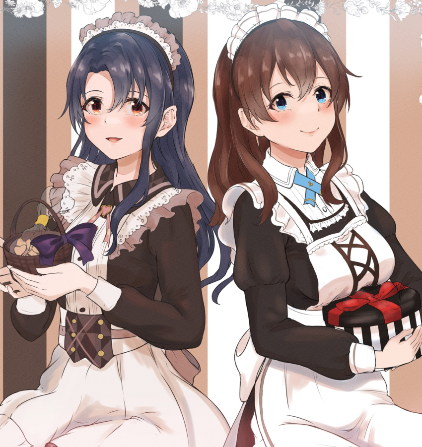 2girls apron basket black_hair blue_eyes brown_hair frilled_apron frills gift highres holding holding_gift idolmaster idolmaster_million_live! izuminnu long_hair looking_at_viewer maid maid_apron maid_headdress multiple_girls ponytail red_eyes satake_minako smile striped striped_background takayama_sayoko waist_apron