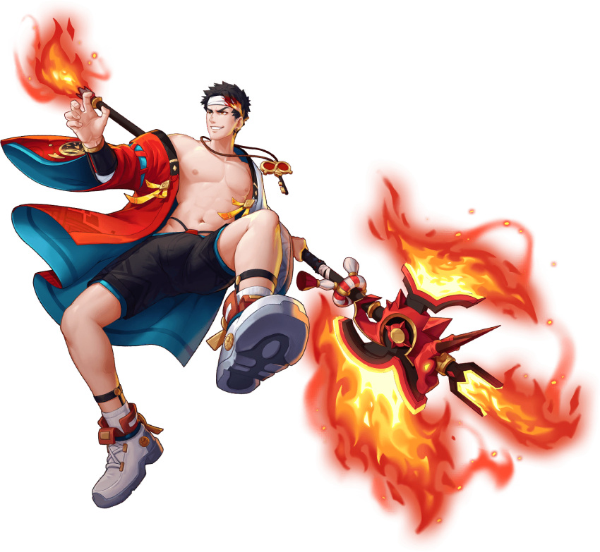 1boy abs artist_request bara bare_pectorals black_hair fighting_stance fire gauntlets gyee halberd headband highres japanese_clothes jewelry key kimono looking_at_another male_focus male_underwear manly muscular muscular_male necklace nipples official_art pectorals polearm shoes shorts smile socks solo spiked_hair sven_(gyee) teeth transparent_background underwear weapon