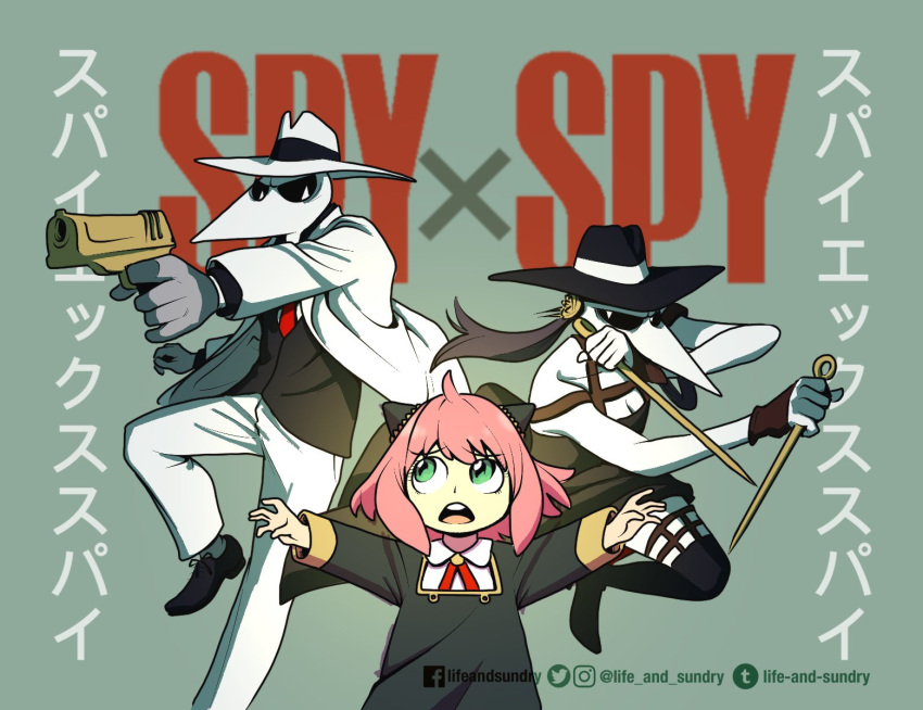 anya_(spy_x_family) black_spy cosplay crossover formal green_eyes gun hat highres holding holding_gun holding_weapon life_and_sundry pink_hair spy_vs_spy spy_x_family suit teeth twilight_(spy_x_family) twilight_(spy_x_family)_(cosplay) upper_teeth weapon white_spy yor_briar yor_briar_(cosplay)