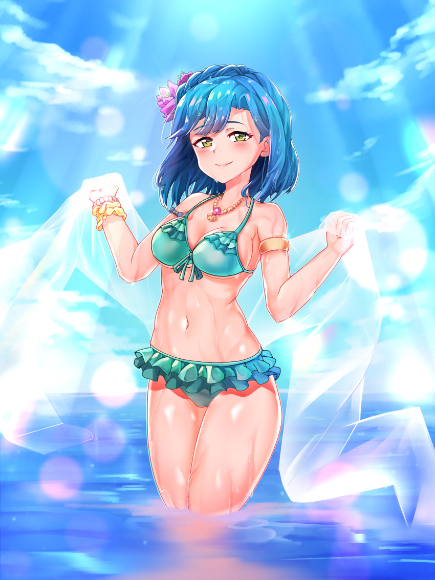 1girl aqua_bikini bikini blue_hair blue_sky blush braid breasts cloud cloudy_sky flower frilled_bikini frills hair_flower hair_ornament highres idolmaster idolmaster_million_live! idolmaster_million_live!_theater_days lens_flare lens_flare_abuse looking_at_viewer medium_breasts nanao_yuriko navel ocean partially_submerged shell_necklace short_hair sky smile solo swimsuit wading wet yahankkwo yellow_eyes