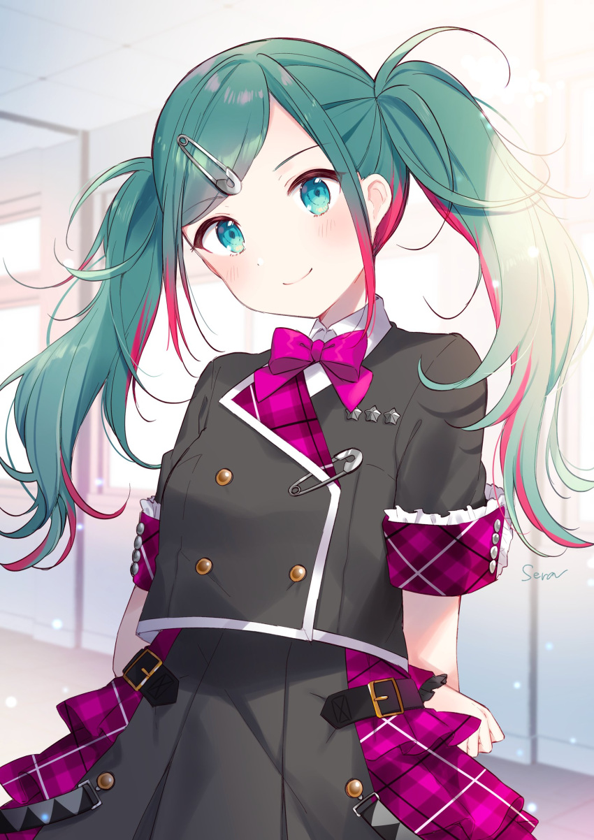 1girl absurdres arms_behind_back bangs black_jacket black_skirt bow bowtie buttons colored_tips commentary double-breasted green_eyes green_hair hatsune_miku highres indoors jacket leo/need_(project_sekai) long_hair multicolored_hair paperclip_hair_ornament plaid plaid_skirt project_sekai purple_bow purple_bowtie purple_skirt red_hair school_uniform shiino_sera short_sleeves sidelocks signature skirt smile solo streaked_hair swept_bangs twintails vocaloid