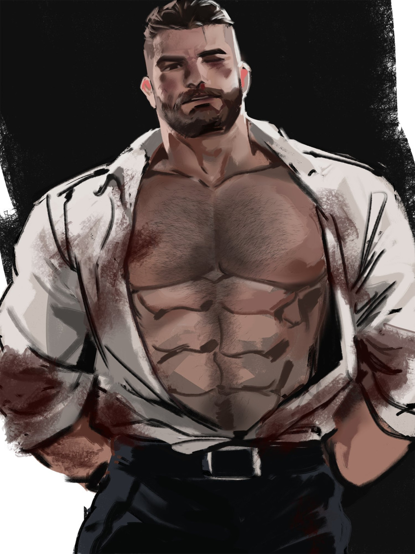 1boy abs bara bare_pectorals beard black_eyes blood blood_on_clothes brown_hair bruise bruise_on_face bruised_eye buzz_cut chest_hair collared_shirt david_king_(dead_by_daylight) dead_by_daylight denim facial_hair hairy hand_on_back highres injury jang_ju_hyeon jeans large_pectorals leather leather_belt long_sleeves looking_at_viewer male_focus manly mature_male muscular muscular_male nipples nosebleed open_mouth pants pectorals shirt short_hair solo teeth thick_arms thick_eyebrows tight unbuttoned very_short_hair