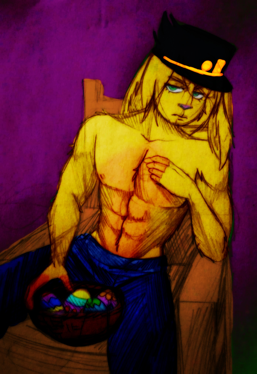 abs anthro basket bianca_scamander blonde_hair bottomwear chair clothing colored container denim denim_clothing easter easter_basket easter_egg fur furniture hair hand_on_chest hare hat headgear headwear hi_res holidays humanoid jeans jojo's_bizarre_adventure lagomorph leporid luankct male mammal muscular muscular_anthro muscular_male orange_body orange_fur pants purple_background rabbit serious_face shirtless shirtless_male simple_background solo yellow_body