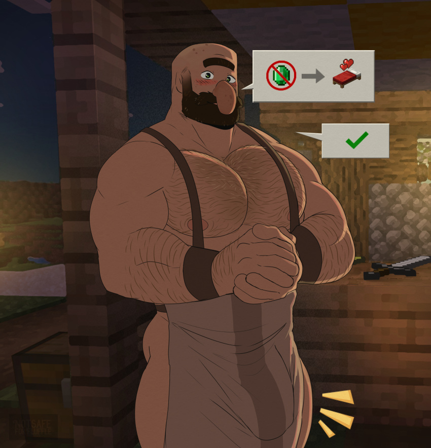 2022 absurd_res apron apron_only arm_hair bald beard big_bulge big_nose biped blush body_hair bulge chest_hair clothing dialogue digital_media_(artwork) emerald_(gem) eyebrows facial_hair flufflecraft gem grass green_eyes hi_res humanoid innuendo male melee_weapon microsoft minecraft mojang mostly_nude muscular muscular_humanoid muscular_male night nipples not_furry pictographics plant sky smile solo standing suggestive sword talking_to_viewer tan_body tan_skin unibrow video_games villager_(minecraft) weapon xbox_game_studios