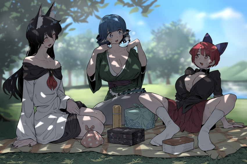 3girls animal_ears bow breasts brooch brown_hair cape cleavage cloak dress drill_hair drill_locks frilled_kimono frills frogsnake grass_root_youkai_network green_kimono hair_bow head_fins high_collar highres imaizumi_kagerou japanese_clothes jewelry kimono kneeless_mermaid large_breasts long_hair long_sleeves mermaid misty_lake monster_girl multiple_girls obi off-shoulder_dress off_shoulder purple_sash red_cape red_cloak red_eyes red_hair ribbon-trimmed_bow sash sekibanki touhou wakasagihime white_dress wolf_ears