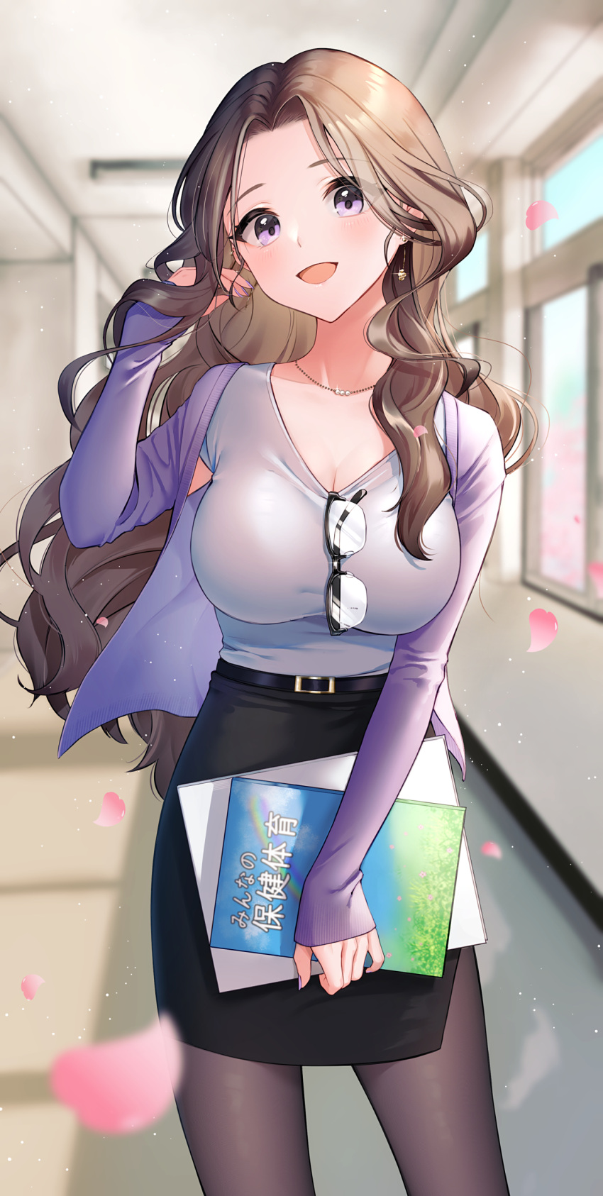 18-gou_(vtuber) 1girl absurdres belt between_breasts black-framed_eyewear black_belt black_skirt blue_shirt blurry blurry_foreground breasts brown_hair brown_legwear cardigan cherry_blossoms cleavage collarbone commentary_request commission cowboy_shot curly_hair depth_of_field earrings eyebrows_behind_hair eyelashes eyepatch eyes_visible_through_hair eyewear_hang eyewear_removed forehead glasses gold_earrings hallway hand_in_own_hair hand_up head_tilt highres holding indie_virtual_youtuber indoors jewelry large_breasts layered_sleeves legs_apart light_particles long_hair long_sleeves looking_at_viewer mikazuki_mika necklace open_cardigan open_clothes open_mouth over-rim_eyewear pantyhose parted_hair pencil_skirt petals purple_cardigan purple_eyes purple_nails purple_shirt semi-rimless_eyewear shirt shirt_tucked_in short_sleeves skirt sleeves_past_wrists smile solo standing teacher translation_request very_long_hair wavy_hair window