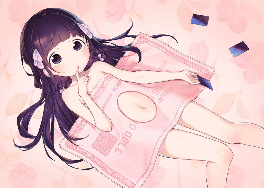1girl arm_up bangs bare_shoulders blunt_bangs blush bow child clothing_cutout collarbone credit_card dot_nose eyebrows_visible_through_hair feet_out_of_frame floral_background hair_bow hair_ornament hair_spread_out henreader highres kyou_kara_ore_wa_loli_no_himo! leaf long_hair looking_at_viewer lying navel navel_cutout nijou_touka non-web_source on_back parted_lips pink_background pink_bow purple_eyes purple_hair solo tareme