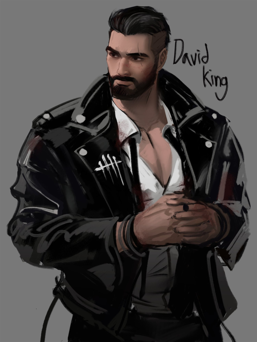 1boy bara beard black_eyes black_hair blood blood_on_clothes bracelet buzz_cut collared_jacket collared_shirt david_king_(dead_by_daylight) dead_by_daylight facial_hair highres holding_hands jacket jang_ju_hyeon jewelry leather leather_jacket looking_to_the_side male_focus mature_male muscular muscular_male open_clothes open_jacket pectoral_cleavage pectorals ring scar scar_across_eye shirt short_hair solo thick_eyebrows upper_body very_short_hair