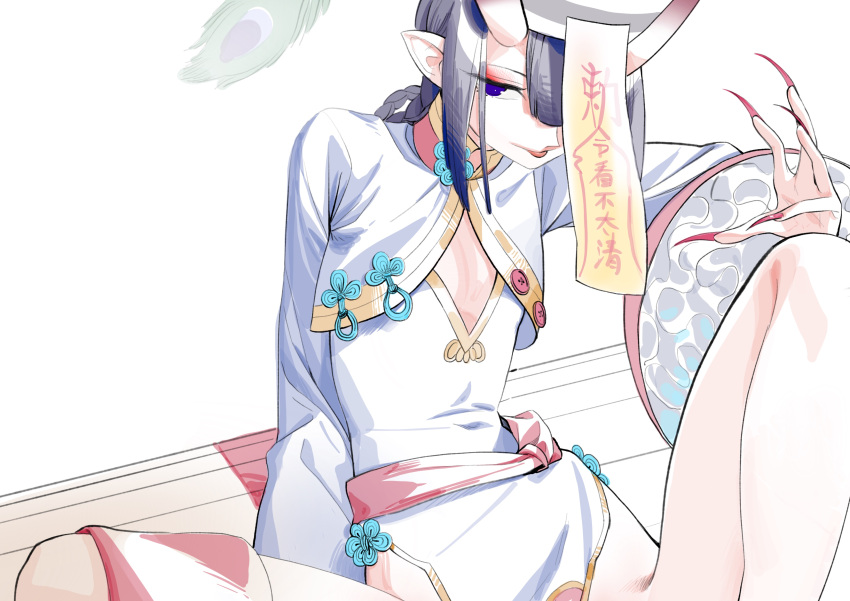 1girl absurdres chinese_clothes cleavage_cutout clothes_lift clothing_cutout dress eyeliner fate/grand_order fate_(series) fingernails flat_chest hair_rings hat highres horns jiangshi jiangshi_costume kaede_(shijie_heping) looking_at_viewer makeup ofuda oni oni_horns out-of-frame_censoring pelvic_curtain pelvic_curtain_lift pointy_ears purple_eyes purple_hair qing_guanmao red_nails sharp_fingernails shuten_douji_(fate) shuten_douji_(festival_outfit)_(fate) simple_background sitting sketch skin-covered_horns solo spread_legs tongue tongue_out very_long_fingernails white_background wide_sleeves