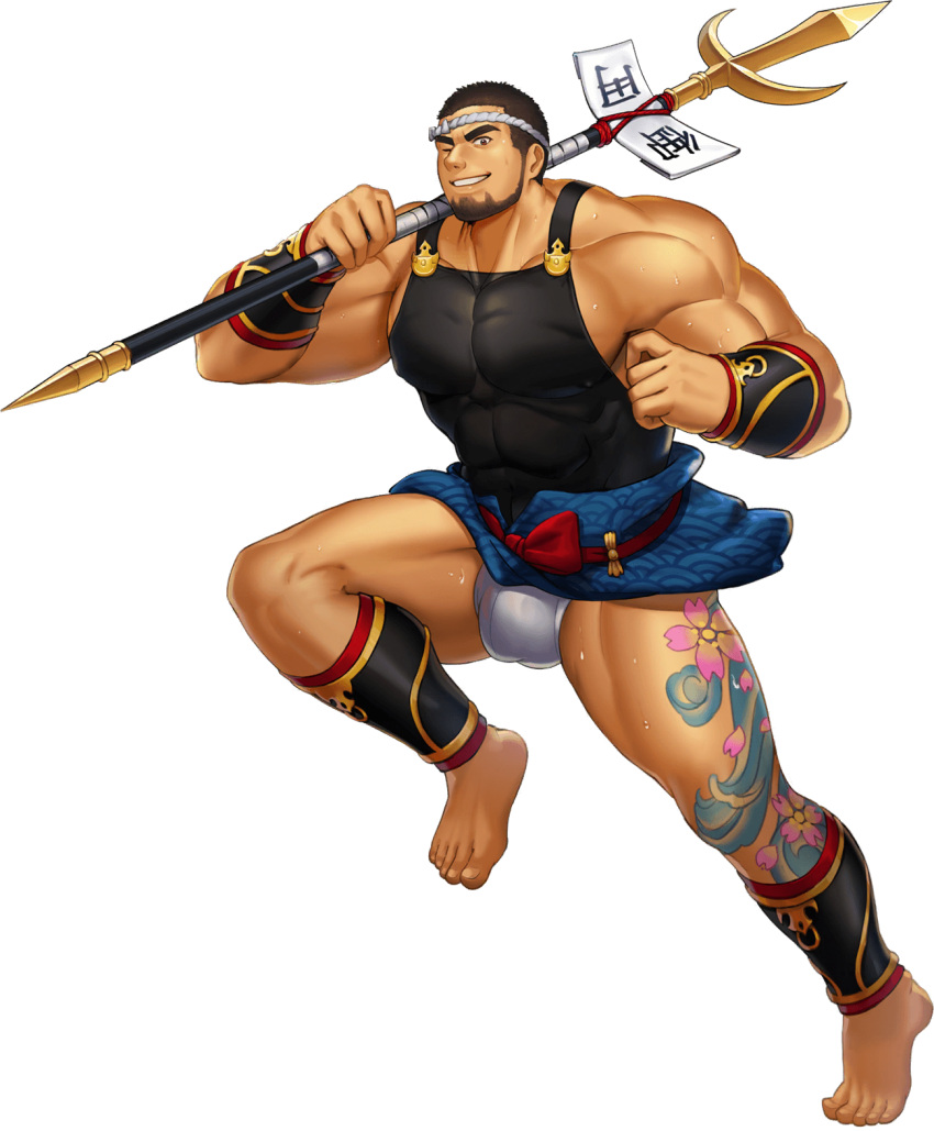 1boy abs armor bara beard belt biceps black_hair brown_eyes bulge chest_plate clenched_hands clothes_lift facial_hair fundoshi gauntlets gyee headband highres japanese_clothes large_pectorals leg_armor leg_tattoo manly mature_male muscular muscular_male official_art one_eye_closed pectorals polearm ranmaru_(gyee) short_hair skirt skirt_lift smile solo sweat sweatdrop tattoo teeth thick_arms thick_eyebrows thick_thighs thighs tight transparent_background trident waku weapon