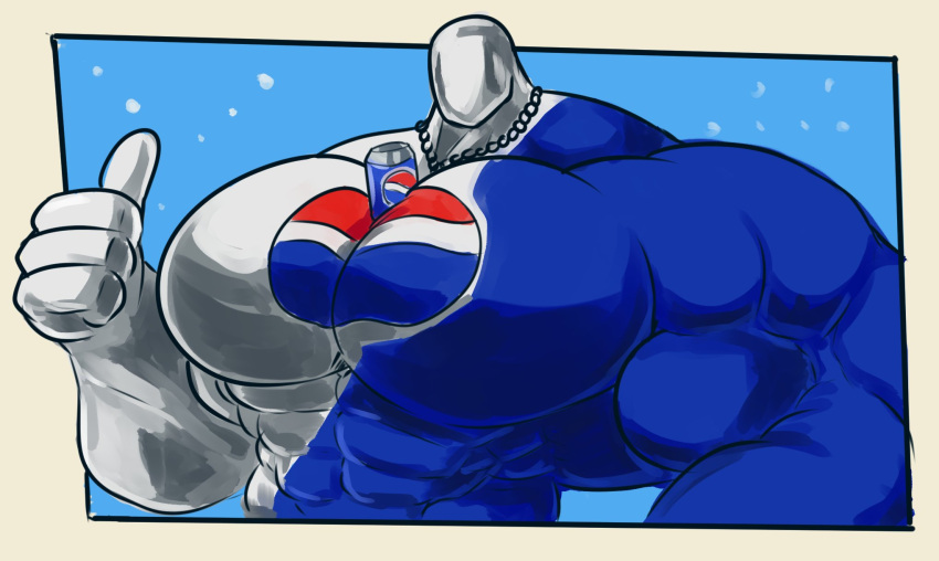 2021 abs anthro biceps big_muscles big_pecs blue_background blue_body blue_skin chain_necklace colored featureless_face gesture hi_res humanoid male muscular muscular_anthro muscular_male not_furry pecs pepsi pepsiman_(character) red_body red_skin shaded simple_background solo thumbs_up unusualboo54 white_background white_body white_skin