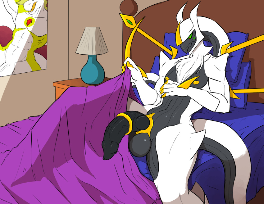 accessory anthro anthrofied arceus balls bed bedroom big_penis black_penis claws cock_ring dragon erection fur furniture genesis_(remsaman) genitals grabbing_sheets green_sclera grey_balls half-erect hi_res horn jewelry knot lamp legendary_pok&eacute;mon looking_down lying lying_on_bed male morning_wood muscular muscular_male nintendo on_back on_bed penis penis_accessory penis_jewelry pok&eacute;mon pok&eacute;mon_(species) poster solo thelionfish under_covers video_games white_body white_fur