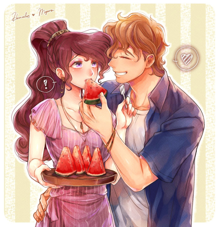 ! 1boy 1girl blue_shirt brown_hair casual character_name closed_eyes dress earrings feeding food fruit hand_on_another's_waist heart hercules_(disney) hercules_(disney)_(character) hetero highres holding holding_food holding_fruit holding_tray jewelry long_hair megara_(disney) mizala necklace purple_eyes shirt spoken_exclamation_mark spoken_heart striped striped_background tray watermelon_slice wavy_hair wristband