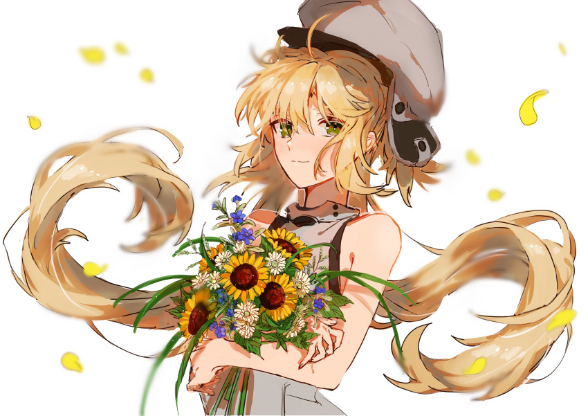 1girl absurdres ahoge artoria_pendragon_(caster)_(fate) artoria_pendragon_(fate) bangs bare_arms blonde_hair blue_flower blurry bouquet closed_mouth commentary depth_of_field eyes_visible_through_hair fate/grand_order fate_(series) flower furirikkuru green_eyes grey_headwear hat highres holding holding_bouquet light_smile long_hair looking_at_viewer petals sleeveless solo sunflower twintails upper_body white_flower yellow_flower