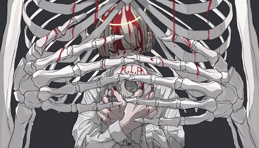 17_s_kyk 1boy black_nails blonde_hair blood blood_on_face blood_on_hands bone commentary_request highres holding holding_skull long_sleeves looking_at_viewer original red_hair shirt short_hair skull solo upper_body white_shirt