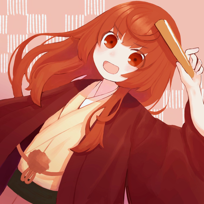 1girl :d ahoge bangs buratei_marii closed_fan commentary folding_fan hand_fan hand_up haori highres holding holding_fan jacket japanese_clothes joshiraku kimono long_hair long_sleeves looking_at_viewer red_eyes red_hair red_jacket sash smile solo upper_body wide_sleeves wishida yellow_kimono