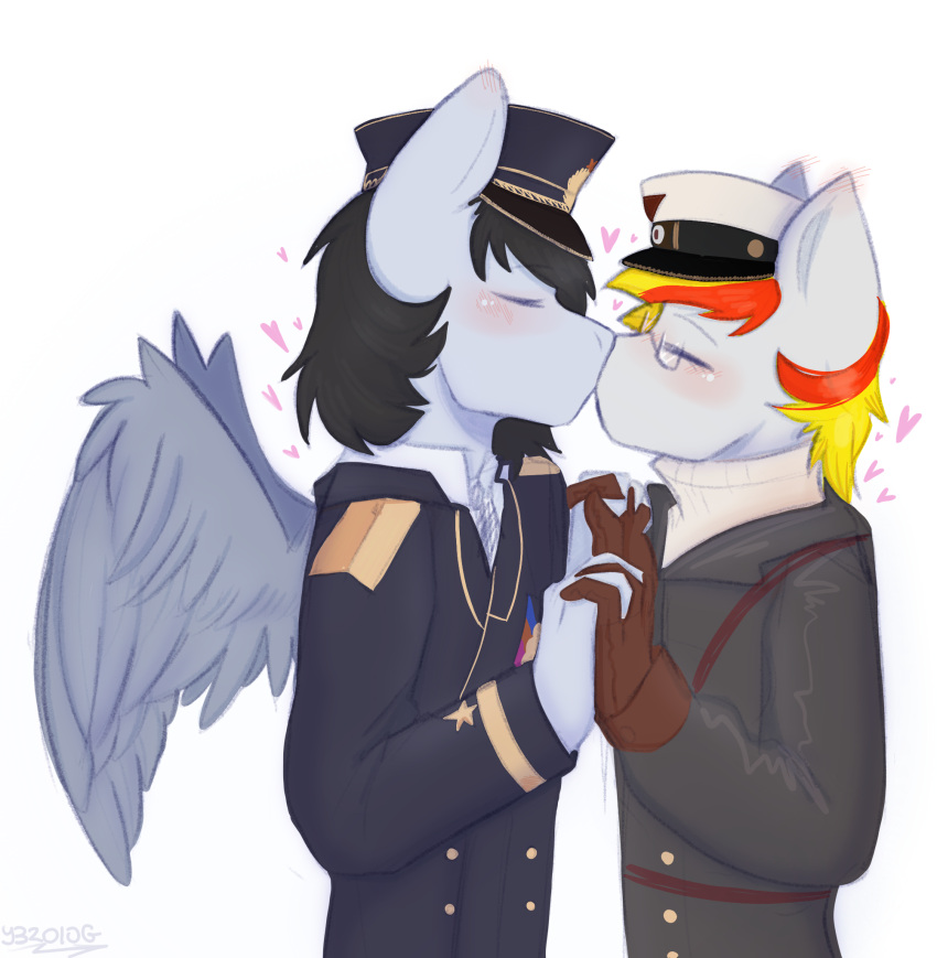 &lt;3 alter_ego_(oc) anthro blush commissar_junior duo earth_pony equid equine eyewear feathered_wings feathers glasses hair hand_holding hasbro hi_res horse kissing male male/male mammal multicolored_hair my_little_pony pegasus pony two_tone_hair wings y32010g