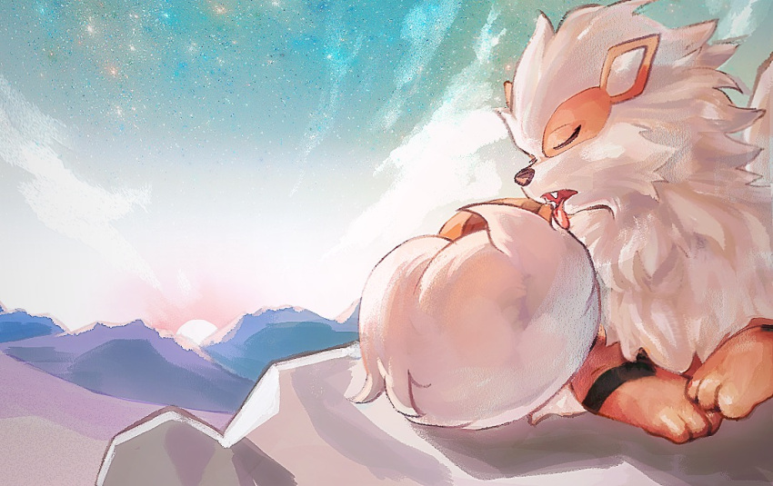 arcanine closed_eyes commentary_request day fangs kurokuma824 licking lying no_humans on_stomach open_mouth outdoors pokemon pokemon_(creature) solo sun sunset tongue tongue_out